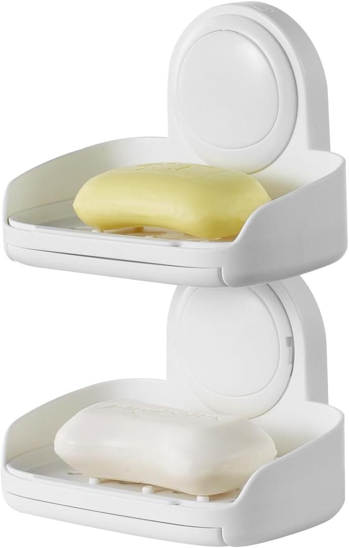 VEVOR Soap Holder for Shower, Double Layer with Suction Cup, Wall Mounted NO-Drilling, Strong Suction Bar Soap Sponge Holder, Self Draining Soap Saver, for Shower Bathroom Bathtub Kitchen, Removable