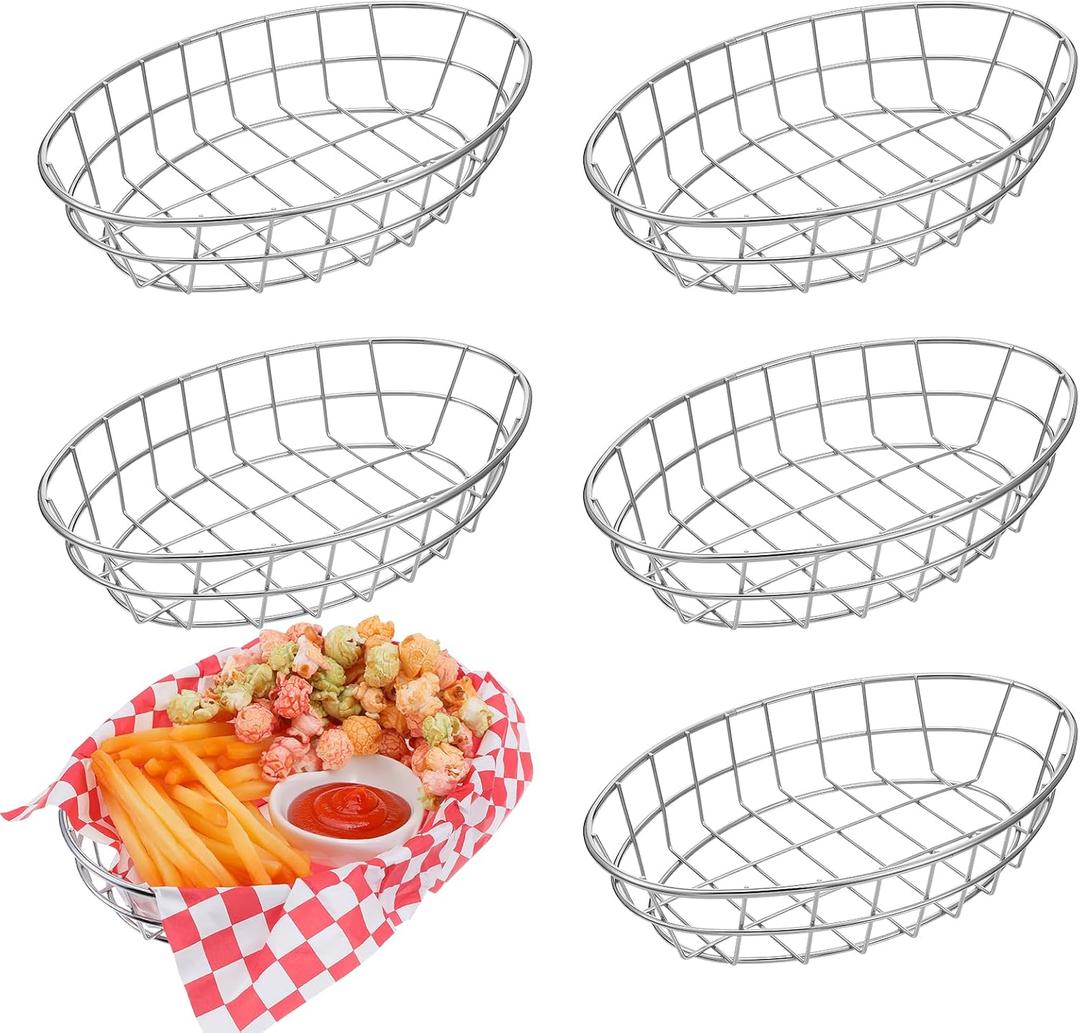 6 Pcs Wire Bread Baskets, 9.5" x 6.2" x 2.2" Oval Stainless Steel Dinner Roll Basket for Serving Fruit Bowl Storage Decorative Sandwich Container for Kitchen Table Restaurant Fast Food Burger