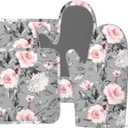 Roses Oven Mitts Pot Holders Set Silicone Heat Resistant Gray Flower Pink Rose Oven Mitts and Hot Pads Rose Potholders Non-Slip Oven Gloves for Cooking Baking Grilling BBQ