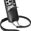 LUCKYCOIN Crossbody Wallet Phone Case for iPhone 13 Pro,100% Genuine Leather Phone Purse Case for Women,with Expandable Card Holder,with Adjustable & Removable Strap Retro Black
