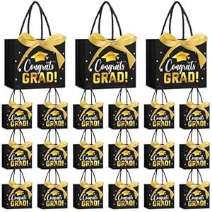 Jetec 45 Pack 2025 Graduation Gift Bags Bulk Small Congrats Bags with Handle and Bow Ribbon 5.5 x 4.7 x 2.5 Inch Grad Paper Treat Gifts Party Favor Supplies for College High School(Black Gold)