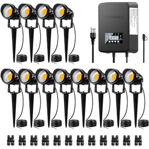 SUNVIE 12 Pack Low Voltage Landscape Lights with 300W Transformer 12-24V LED Landscape Lighting Kit 3000K Waterproof Aluminum Landscape Spotlights with Wire Connectors for House Yard Tree Garden