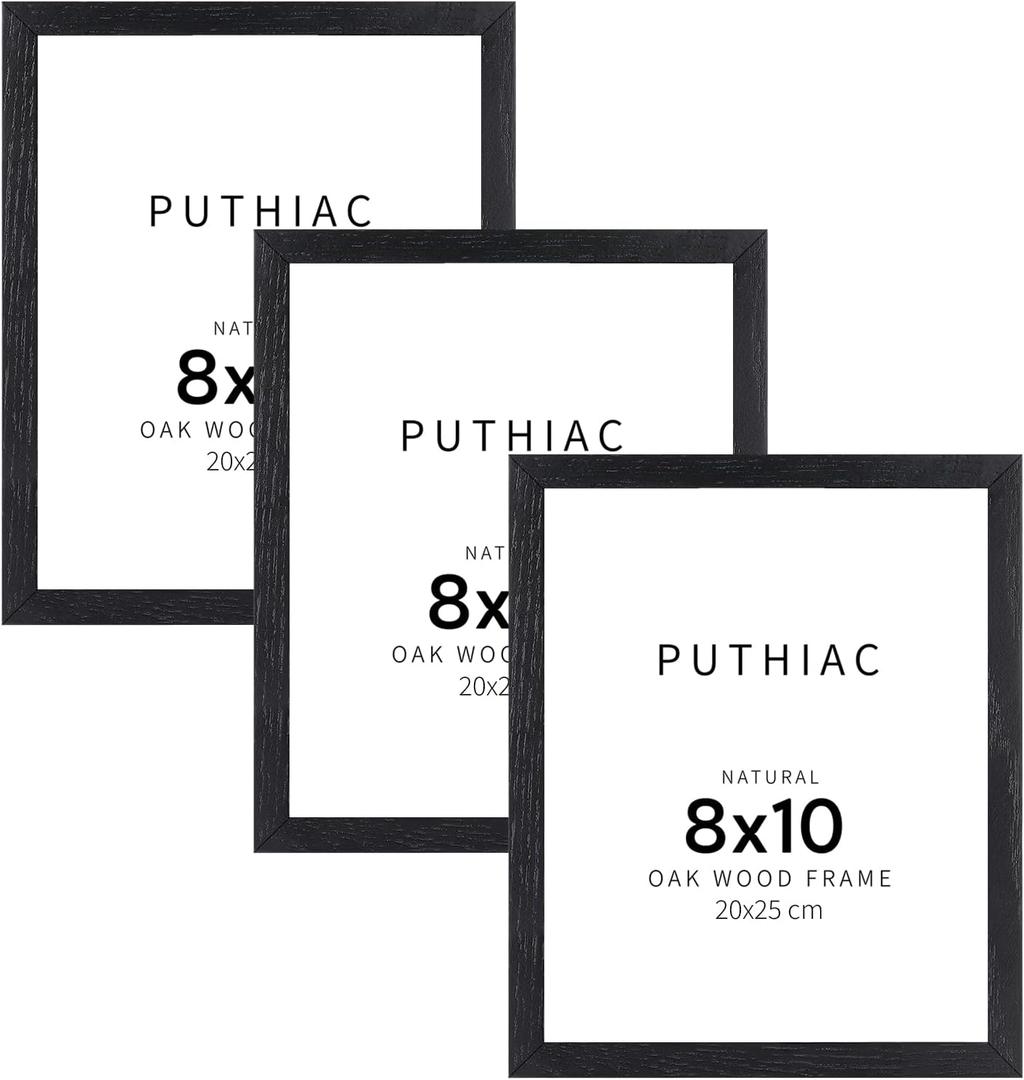 puthiac 8x10 Solid Oak Wood Picture Frame, Fits 6x8 with Mat or 8x10 Without Mat, Wall or Tabletop Display with Stand, Vertical or Horizontal, Plexi Front, 3 Pack, Black