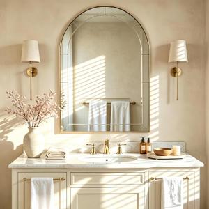MOON MIRROR Arched Mirror for Bathroom, Bathroom Mirrors for Over Sink, 20x30” Brushed Gold Non-Rusting Vanity Mirror in Brass Stainless Steel Metal Frame