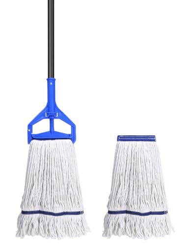 Loop-End String Mop Heavy Duty Commercial Industrial Mops with 2 Extra Mop Heads Replacement, 59 Inch Cotton Wet Mop for Floor Cleaning Blue