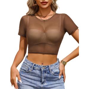 Avidlove Women's Sheer Mesh Crop Top Short Sleeve See Through T-Shirt Sexy Rave Festival Clubwear Tops （ Coffee Brown, L)