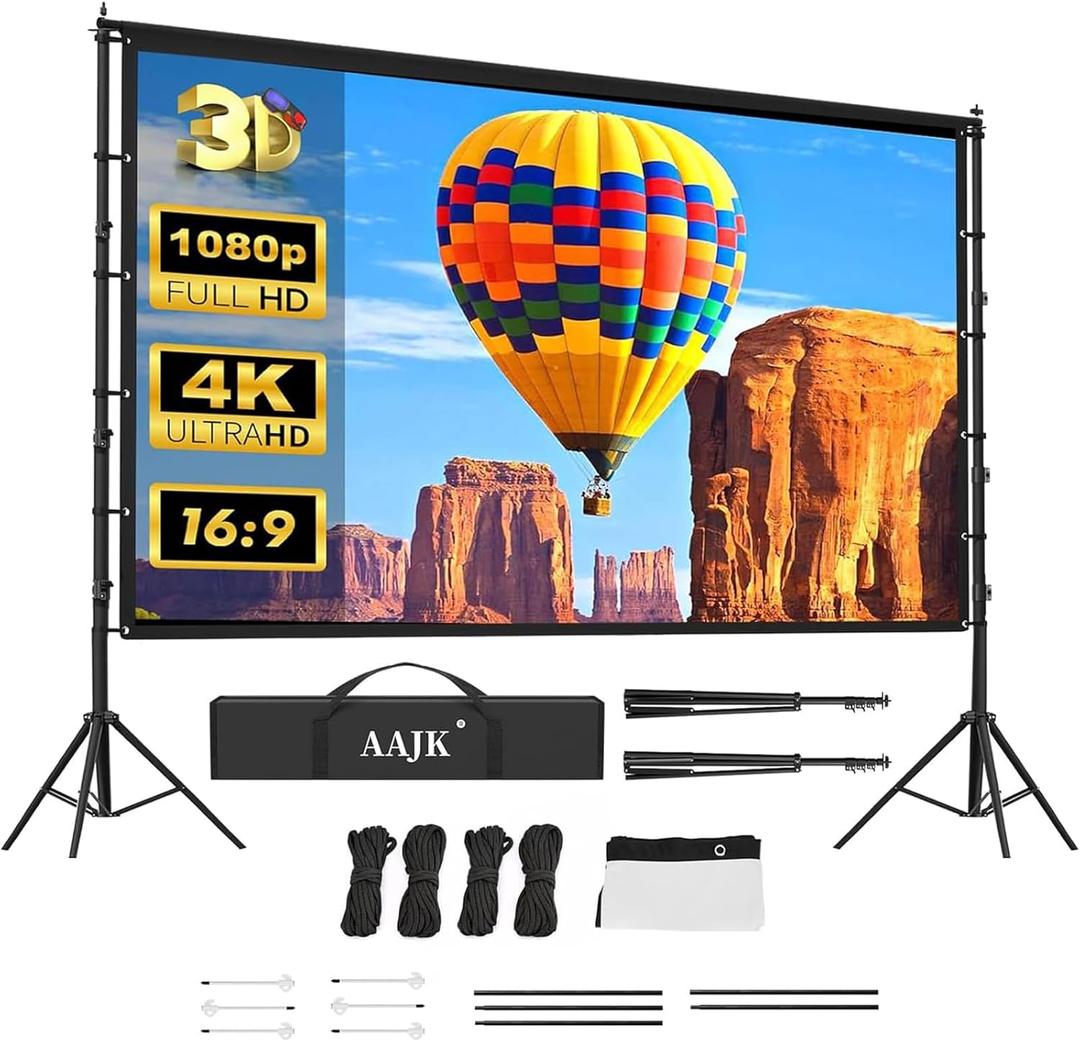 AAJK 150in Projector Screen with Stand,Portable 16:9 4K HD Indoor Outdoor Projection Screen with Wrinkle-Free Design, Ideal for Home Theater and Backyard Cinema  Includes Carry Bag