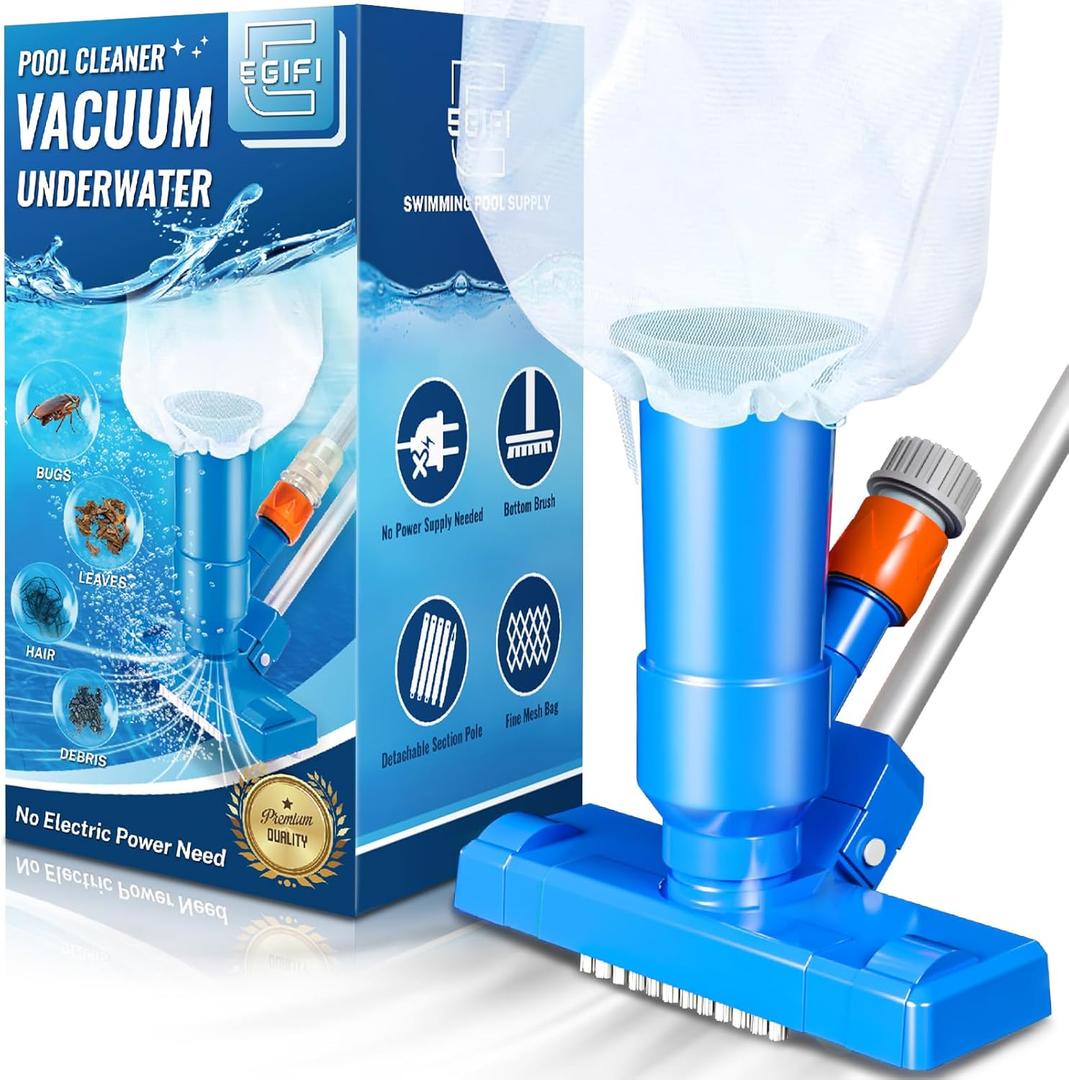 Pool Vacuum for Above Ground Pool with Nylon Mesh Net, Jet Underwater Cleaner & 3 Scrub Brushes, Portable Pool Vacuum Cleaner for Swimming Pool Spa Fountain Pond Hot Tub, Soft Blue