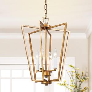 Brushed Antique Gold Chandelier, Modern 4 Light Foyer Lighting Fixture for Dining Room, Kitchen Island, Bedroom, Foyer and Living Room