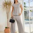 BeryLove 2 Piece Sets for Women Casual Short Sleeve Summer Tops and High Rise Wide Leg Pants Lounge Sets 601 Khaki S (S)