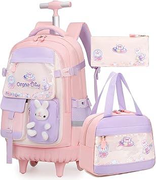 Rolling Backpack for Girls, Kawaii Bunny Roller Wheels School Backpacks with Lunch Bag Pencil case, Wheeled Suitcase Bookbag for Elementary Travel Pink