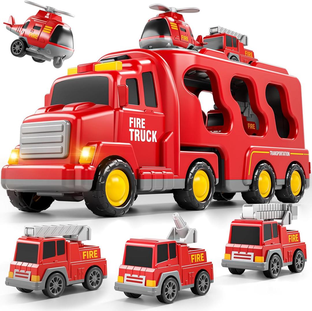 Bennol 5-in-1 Fire Trucks Toy Set for Boys Age 1-3 3-5 Fire Car Truck for Toddlers 1 2 3 4 5 6 Years Old Christmas Birthday Gift Car Sets with Light Sound