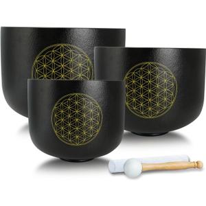 Set of 3 Singing Bowls Life of Flower Black 8-12 inch 8"G 10"E 12"C Frosted Quartz Crystal Sound Healing Bowls with 1 Mallet Suede 1 Striker 3 O-rings