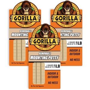 Gorilla Mounting Putty, Natural Tan Color, 84 Pre-Cut Squares (Pack of 3) - Non-Toxic Removable & Repositionable Wall Putty