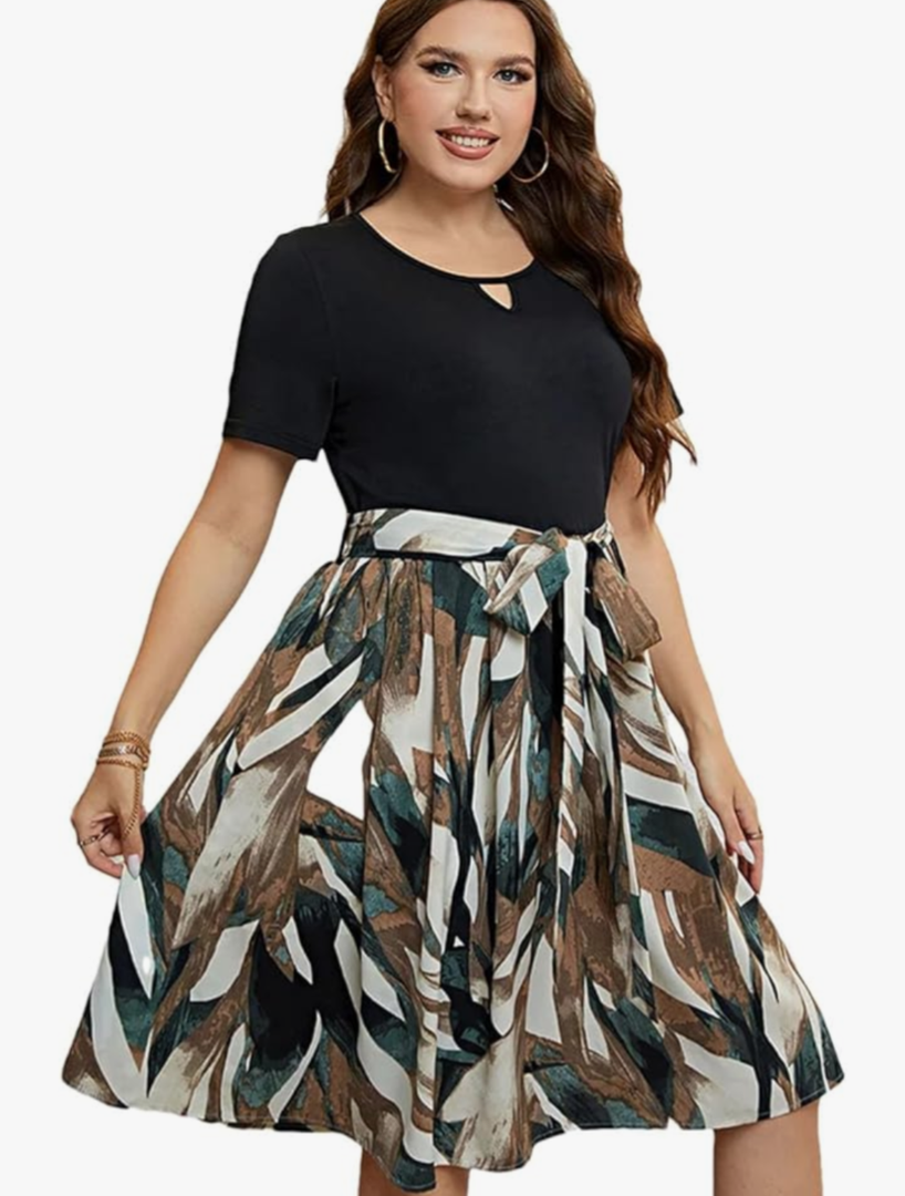 GenericPlus Size O-Neck Short Sleeve Belted Print Dress Women Elegant High Waist A-Line Midi Dresses, XL