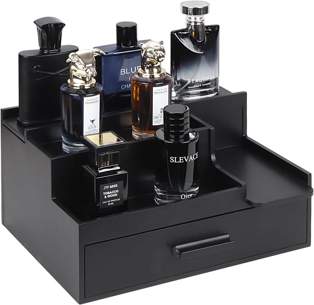 Butizone Cologne Organizer for Men, 3 Tier Perfume Stand Holder with Drawer and Hidden Compartment, Cologne Display Shelf for Dresser, Great Gift for Man/Father, Black
