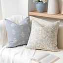 Floral Decorative Throw Pillow Cover 18x18 Set of 2, Farmhouse Coastal Blue Cotton Accent Throw Pillow for Couch Sofa Living Room, Cover ONLY