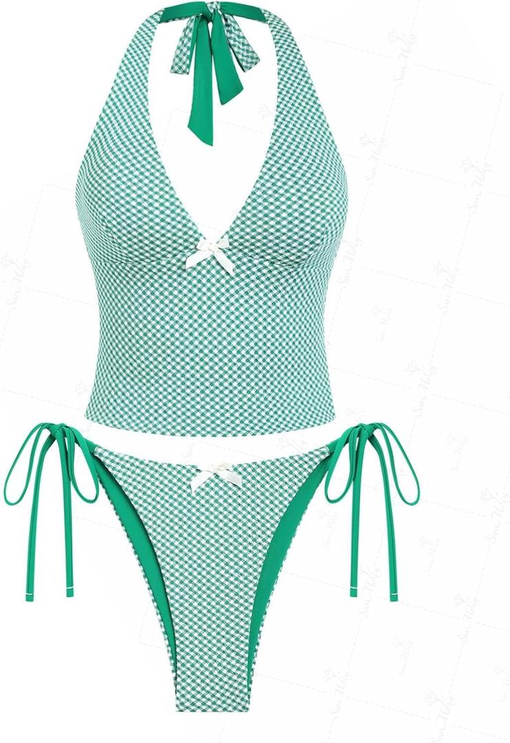 seamoly Red Gingham Floral Printed Halter Tie Side Chic Tankini Set (Small, Deep Green)