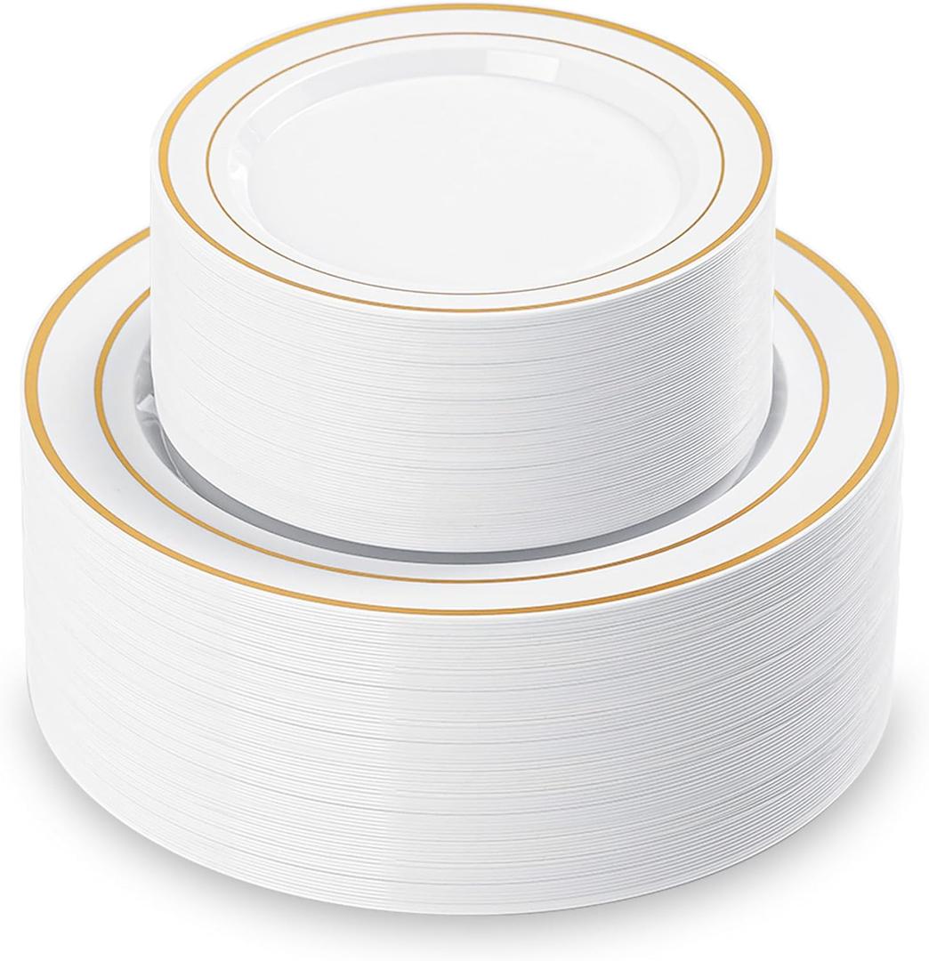 200PCS White Plastic Plates with Gold Rim, Disposable Heavy Duty Plastic Plate, 100 Dinner and 100 Dessert Plates for Party and Wedding