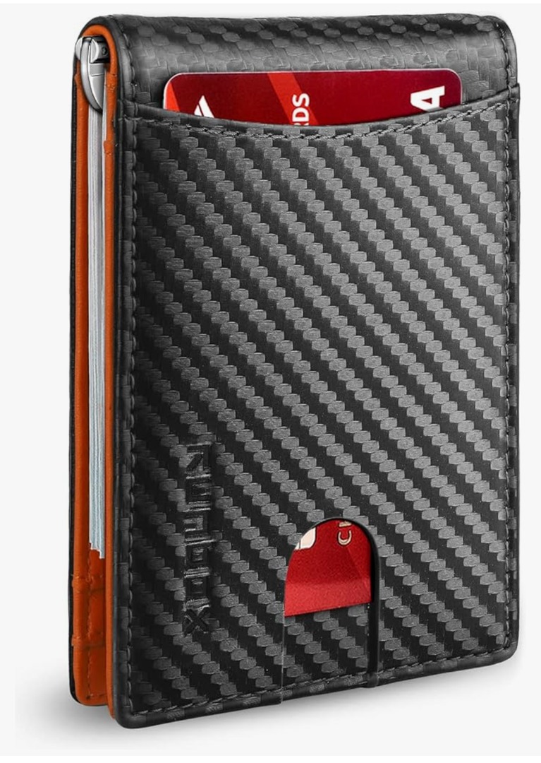 RUNBOX Slim Wallets for Men with RFID Blocking & Minimalist Mens Front Pocket Wallet Leather Black&inner Orange