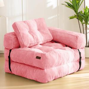 MAXYOYO Folding Sofa Bed, L-Shaped Convertible Sofa with Armrest Foldable Sleeper with Pillow, Portable Fold Out Chair Bed Comfy Floor Lounge for Living Room Bedroom, Pink, Single