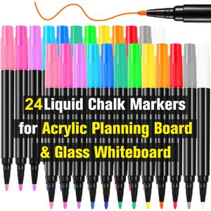 24 Liquid Chalk Markers 12 Colors for Acrylic Calendar Planning Board LED Note Board Glass Dry Erase Board Whiteboard Wet Erase Markers for Window Mirror, 1mm Fine Points, for Easter Holidays