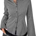 Striped Button Down Shirts for Women Dress Shirt Slim Fit Long Sleeve Casual Collared Work Blouse Y2K Fall Outfits (Large)