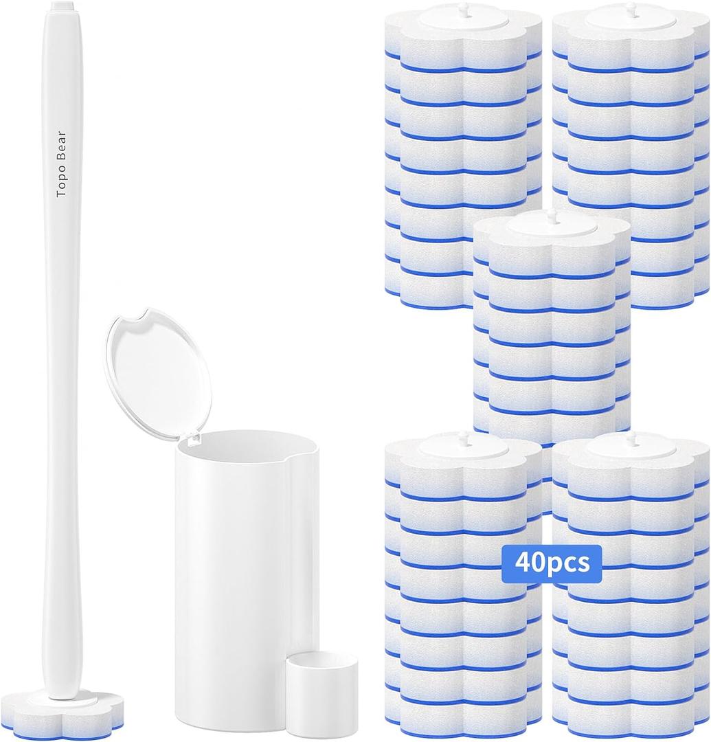 Topo Bear Disposable Toilet Bowl Brush with 40 Toilet Wand Refills, Toilet Bowl Cleaner Wands, Toilet Cleaning System Starter Kit