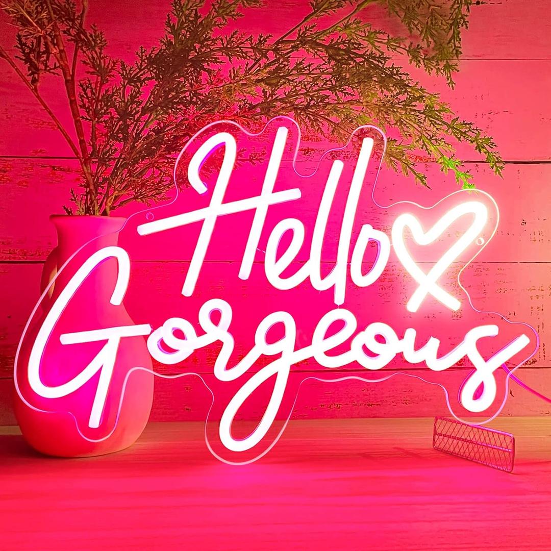 Hello Gorgeous Neon Signs for Wall Decor with Heart, Pink Gorgeous LED Sign Lights for Bedroom Dorm Home Salon Wedding Party, Cute Makeup Dressing Beauty Room Decor, Preppy Girls Woman Cave