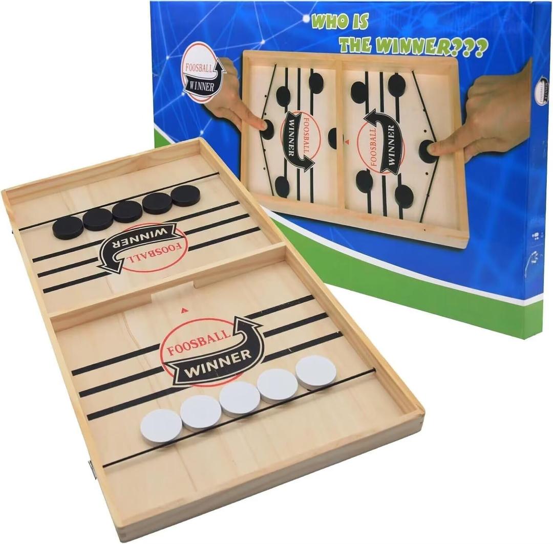 Fast Sling Puck Game, Super Winner Wooden Air Hockey Board Games, Portable Slingshot Hockey Tabletop Game for Family Game Night Fun, String Puck Game Toys with 10 Pucks, 14inch