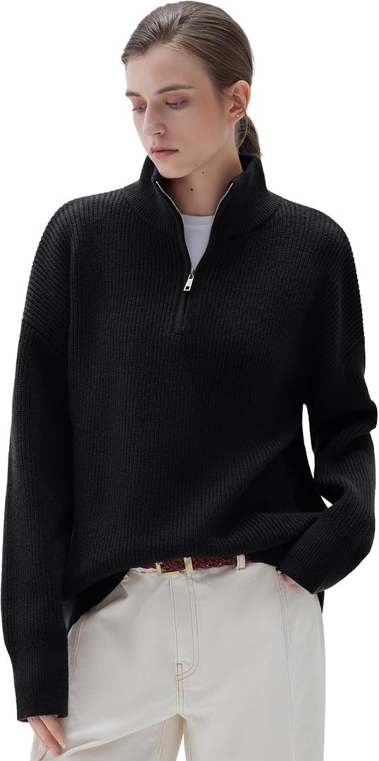 SUUKSESS Women Cashmere Blend Oversized Quarter Zip Pullover Sweater Long Sleeve Collared Ribbed Knit Jumper Tops (Small, Black)