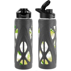 24 oz Glass Water Bottles with Silicone Sleeve and Flip Lid - Borosilicate Glass, Leakproof, BPA-Free, Perfect for Coffee, Tea and Water (Grey)