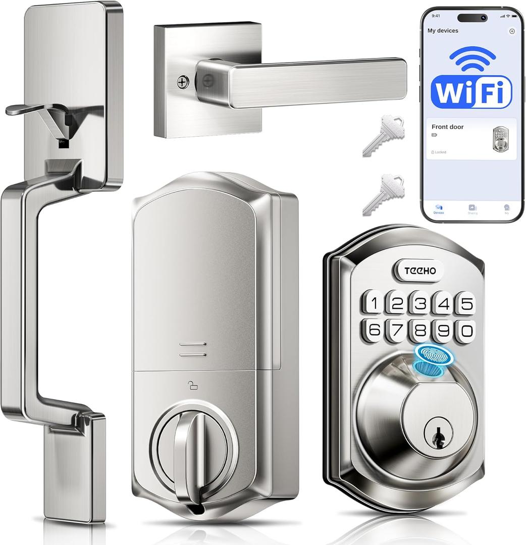 TEEHO TE012W-H WiFi Smart Door Lock with Handle, Fingerprint, Keypad, Key & App Control, Keyless Entry Deadbolt Set, Compatible with Alexa & Google Assistant, Easy Install for Front Door, Satin Nickel