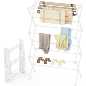 Drying Rack Clothing, 3-Tier Clothes Drying Rack Foldable, Antirust Laundry Drying Rack Collapsible Use for Indoor & Outdoor, 11.8" D x 34.6" W x 35.4" H, White, Large