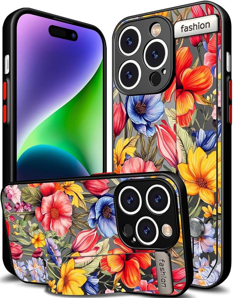 Compatible for iPhone 14 Pro Case Cute with Strap Stand Finger Kickstand, Designer Cool Silicone Cases Funda Cover - Red Dark Florals Flowers