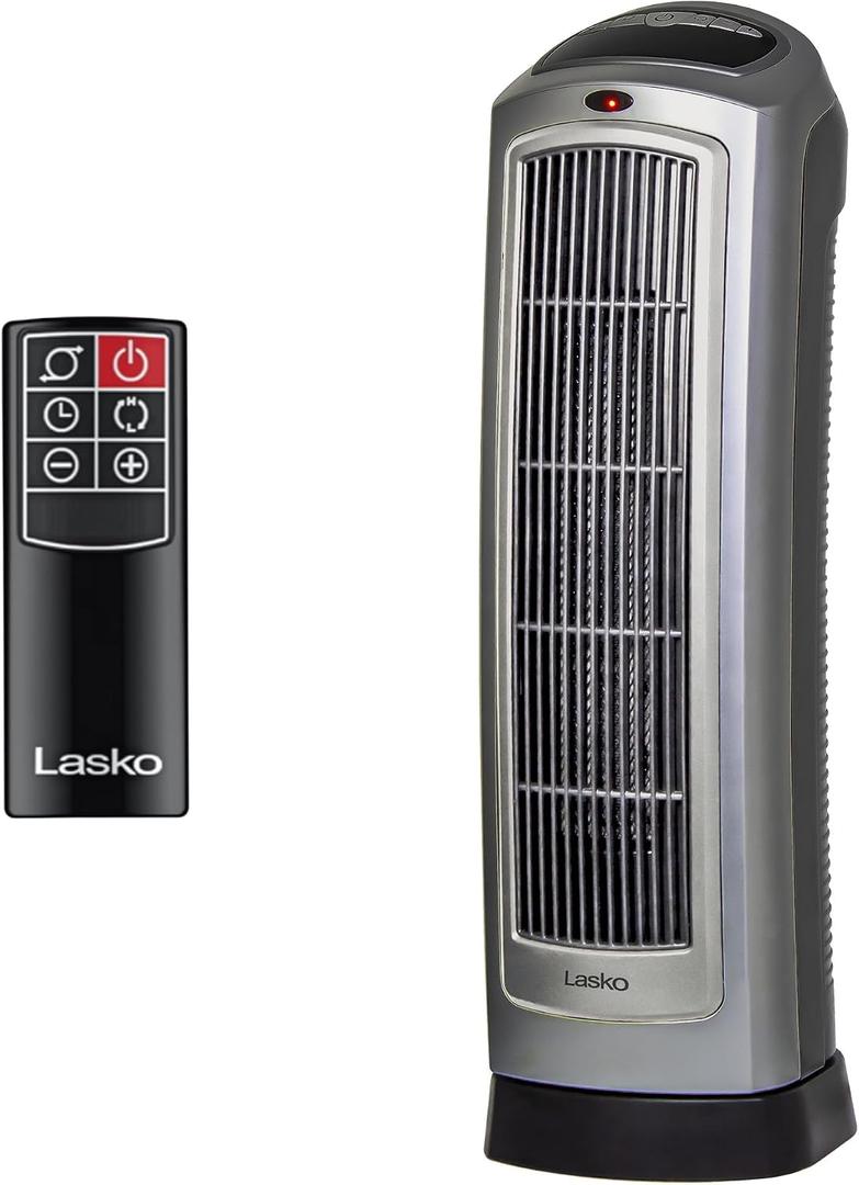 Lasko Oscillating Digital Ceramic Tower Heater for Home with Adjustable Thermostat, Timer and Remote Control, 23 Inches, 1500W, Silver, 755320