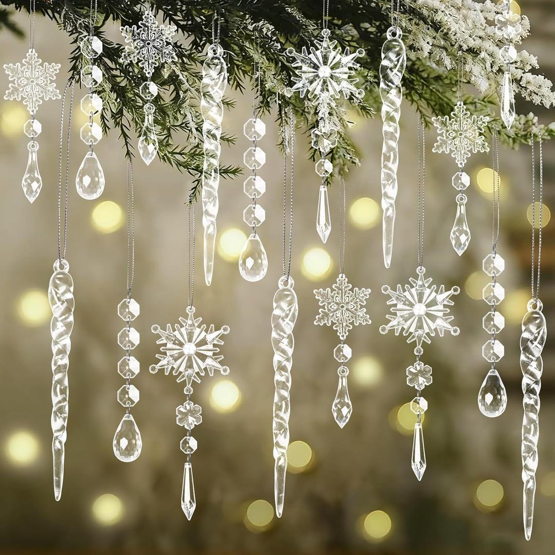 30pcs Christmas Ornaments Set for Tree Hanging Acrylic Crystal Snowflake Icicle Drop Christmas Decorations for Winter Christmas Tree New Year Party Supplies