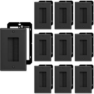 FGB 10 Pack Brush Wall Plate with Low Voltage Mounting Bracket, Cable Pass Through Insert for Wires, Single Gang Cable Access Strap, Wall Socket for HDTV, Home Theater Systems - Black
