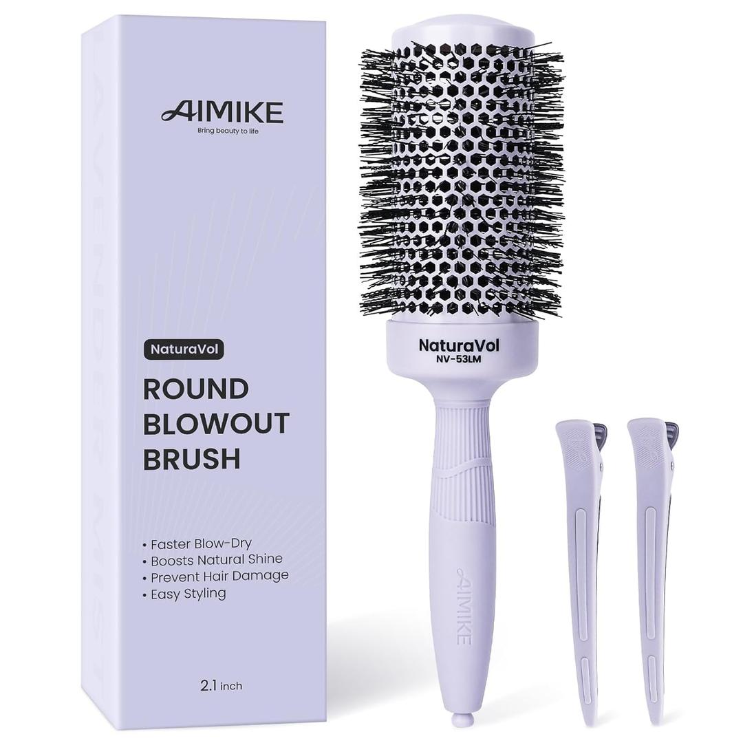 AIMIKE NaturaVol Round Brush for Blow Out,Nano Thermal Ceramic-Coated Round Hair Brush for Fine Hair,Fast Blow Dry for Smooth Salon-Style Finish at Home,Adds Volume,Purple (2.1"Barrel,3"with Bristles)