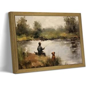 Wood Framed Vintage Canvas Wall Art, Boy Fishing Wall Decor Paintings, Dog and Boy Landscape Print Prints, Vintage Country Farmhouse Artwork Picture for Bedroom Living Room Kids Room 8x10 Inch