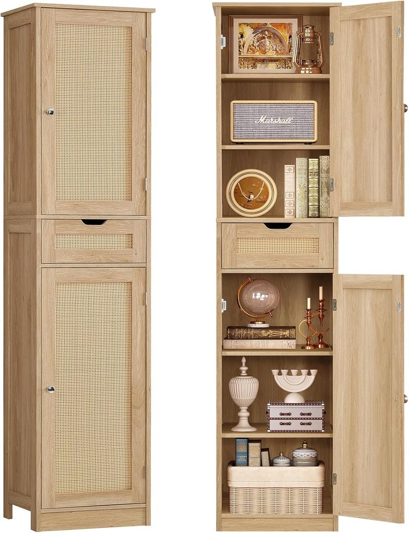 TEENFON 67" H Tall Storage Cabinet with 2 Rattan Doors and 1 Drawer, Narrow Rattan Cabinet with Adjustable Shelves, for Living Room, Entryway, Kitchen, Natural