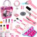 deAO Hair Salon Toys for Girls Beauty Salon Set Kids Pretend Hair Styling Set with Hairdryer, Mirror, Curling Iron and Stylist Accessories for Toddler Makeup Party Christmas (Fake Makeup)