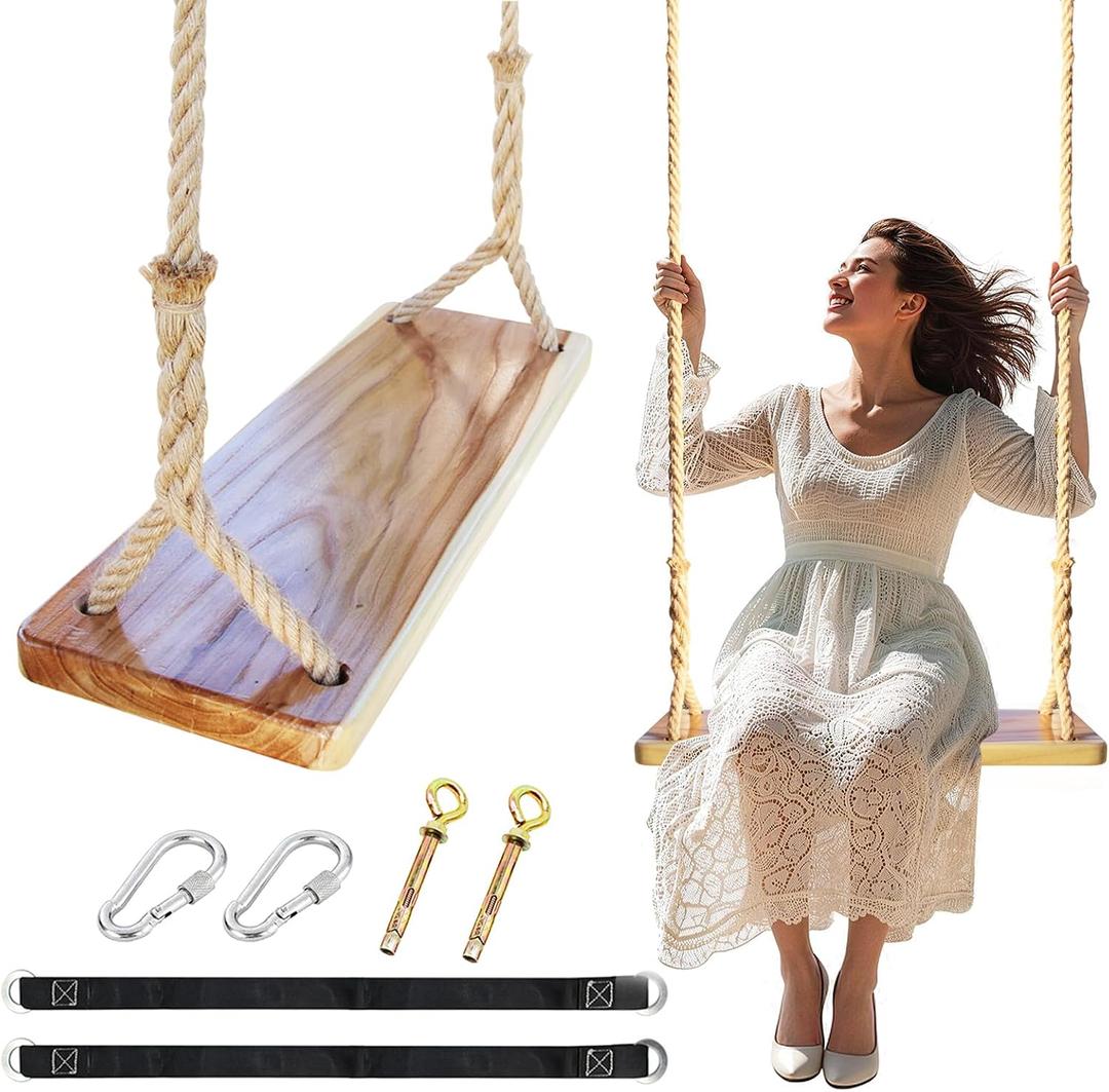 Wooden Swing,Wood Tree Swing for Adults Kids,Adjustable Hemp Rope Plus Tree Straps, 24"x 8"x 1.2" /500LBS LoadsWood Swing Seat for Outside and Indoor Use