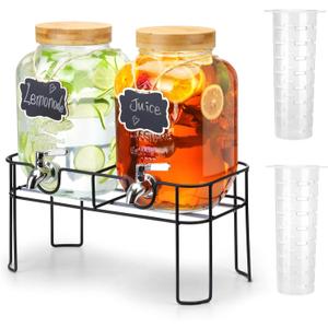2 Pack 1 Gallon Glass Drink Dispenser with Bamboo Lid, Beverage Dispenser with Stand, Drink Machine for Lemonade, Iced Drinks Kombucha Dispenser