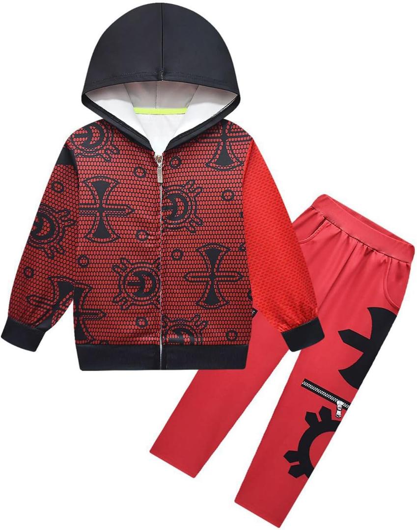 Boys Halloween Cartoon Outfit Red Long Sleeve Zipper Up Hoodies Novelty Pants Set (Red)