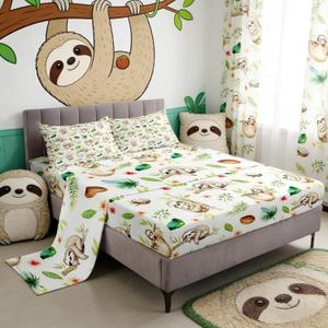 Sloth Sheet Set Queen Size Cartoon Animal Bedding Set 4pcs Deep Pocket Bed Sheets with Animal Fitted Sheet, Sloth Flat Sheet and 2 Pillow Cases Tree Leaf Bed Sheet Set