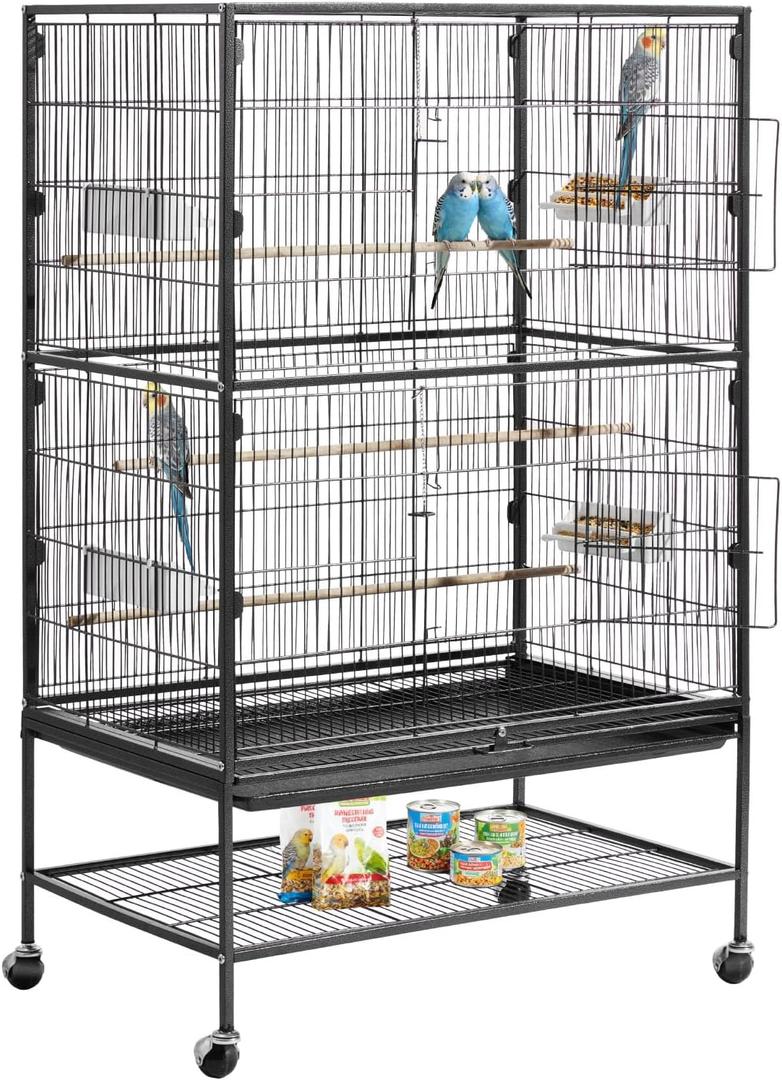 VEVOR Bird Cage, 31.5 x 20.5 x 52 inch, Flat Top, Wrought Iron Bird Flight Cage with Perches, Slide-Out Tray and Plastic Feeders, Casters, for Parrot, Blue Tit, Cockatiel, Canary, and Monk Parakeet