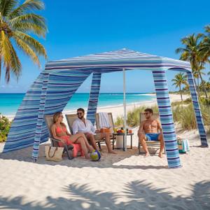 Beach Cabana, 6.6'×6.6' Portable Beach Canopy with Side Wall, Easy Up UPF 50+ Beach Tent Sun Shelter with Sand Pockets, Waterproof Beach Umbrella Tent for Family, Backyards, Camping, Stripe, 43.56 Square Feet