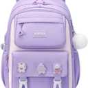 Cute Backpack for Kids Teen Girls Large Kawaii Aesthetic Elementary Middle School Student Bookbag Preppy Laptop Backpack for Ages 6-8 8-10 10-12 with Pin Accessories Plush Pendant, Purple