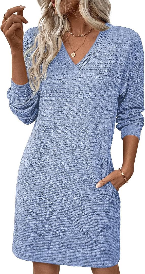 EVALESS Womens Fall Dresses 2026 Long Sleeve V Neck Casual Dress Textured Loose Fit Shift Mini Dress with Pockets (Blue, XL)